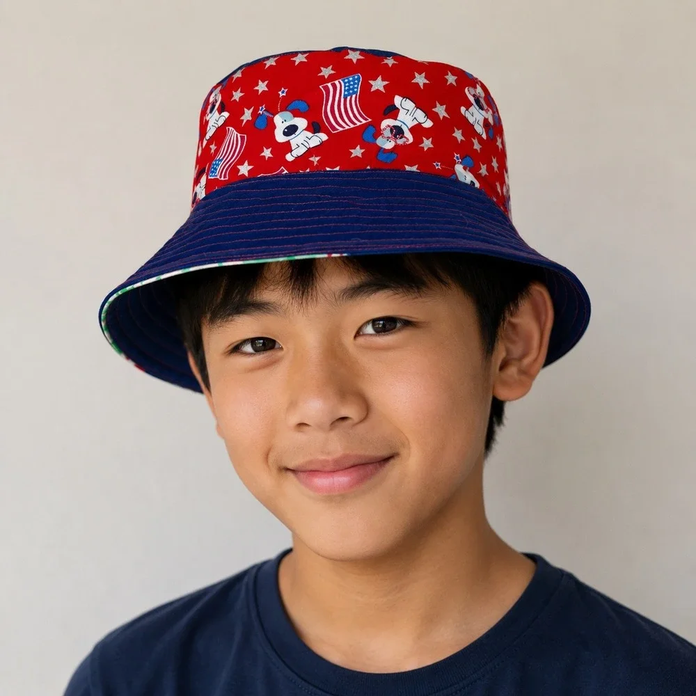 Kids Reversible Bucket Hat Patriotic Americana Surfing Dogs Sun Hat 19 Inch